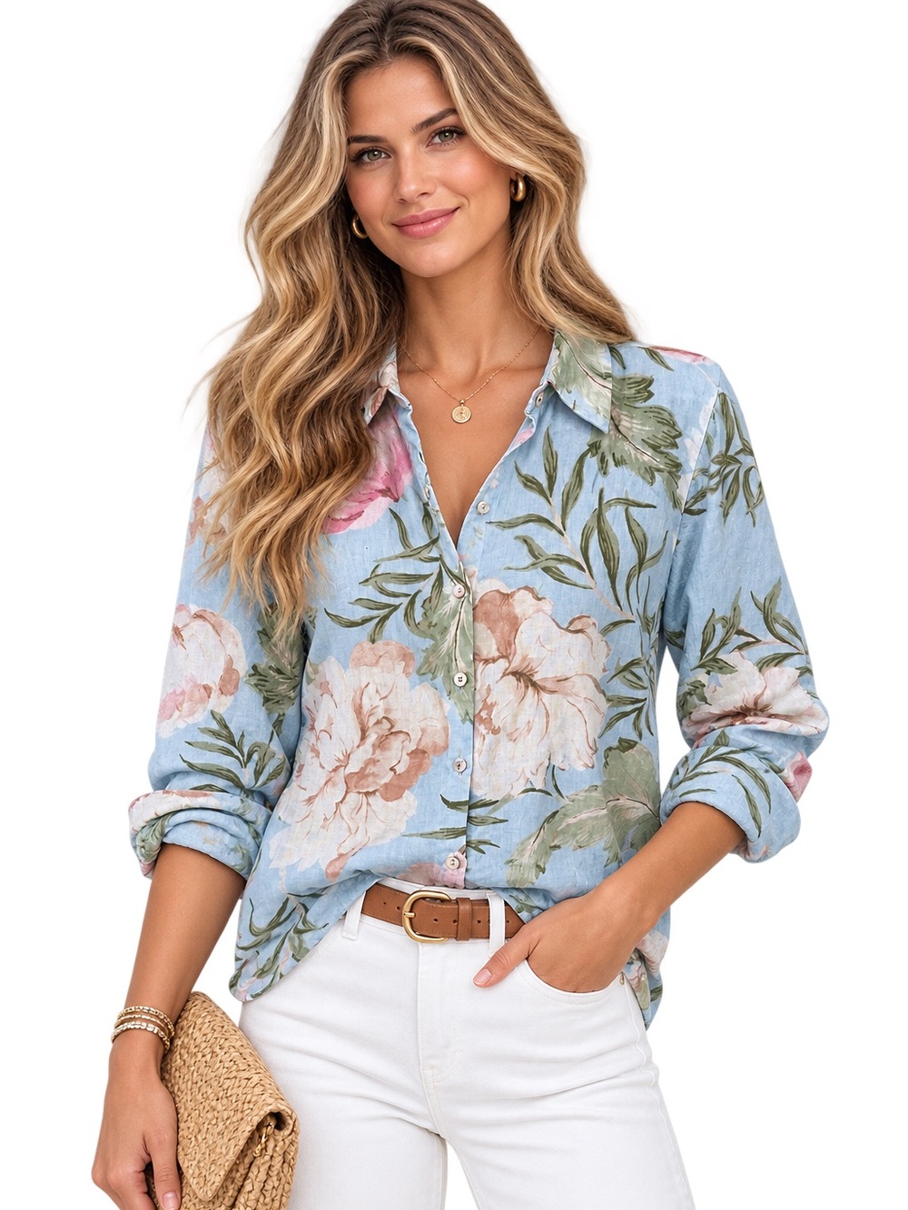 Joie Light Blue Floral Button-Down Shirt 100% Linen size Large